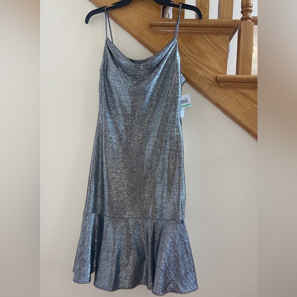 Women’s Formal Dress Size 8 Nightway Silver Drapey Party Flounce Flutter Sparkle - Picture 4 of 12